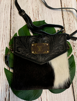 GENUINE COWHIDE AND STAMPED LEATHER CROSSBODY PURSE UPCYCLED