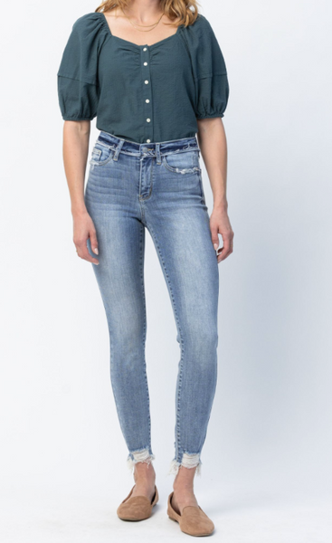 JUDY BLUE MID RISE RELEASE WAISTBAND DETAIL SKINNY JEANS