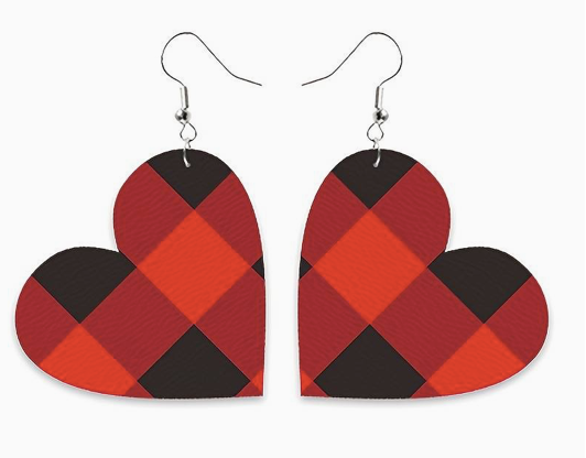 RED AND BLACK BUFFALO PLAID PLEATHER HEART EARRINGS