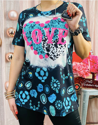 LOVE BLACK AND TURQUOISE JEWEL PRINTED TOP