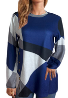ROYAL BLUE GREY BLACK AND WHITE COLOR BLOCK LONG SLEEVE TOP