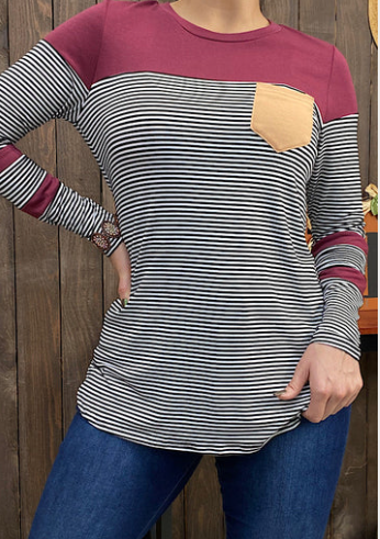 BURGUNDY AND STRIPE COLOR BLOCK TOP