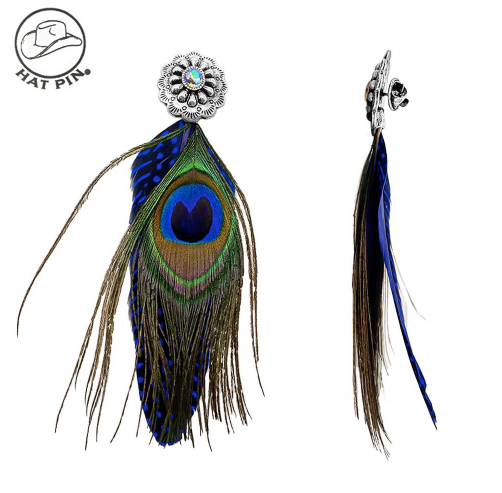 PEACOCK FEATHER AND CONCHO HAT PIN