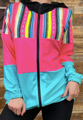 PINK AND TURQUOISE WITH SERAPE ZIP UP JACKET