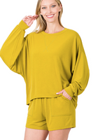 OLIVE MUSTARD OVERSIZED DROP TOP AND SHORT SET