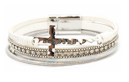 WHITE SILVER AND IRIDESCENT MAGNETIC CROSS "BLESSED" BRACELET