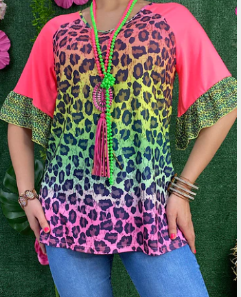 NEON MULTI LEO PRINT RUFFLE SLEEVE SHIRT