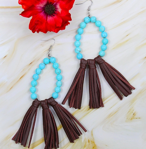 TURQUOISE STONE HOOPS WITH BROWN FRINGE EARRINGS