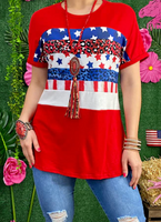 RED WHITE BLUE STARS AND LEOPARD SHORT SLEEVE TOP