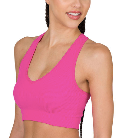 NEON HOT PINK RIBBED V-NECK RACERBACK SPORTS BRA