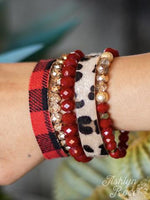 SOUTHERN BELLE BRACELET SET RED PLAID, GOLD AND LEO