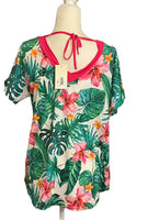 PALM LEAVES AND FLOWER PINK TRIM TIE TOP M