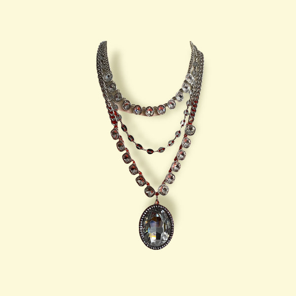 SILVER MULTI LAYERED NECKLACE WITH GIANT RHINESTONES