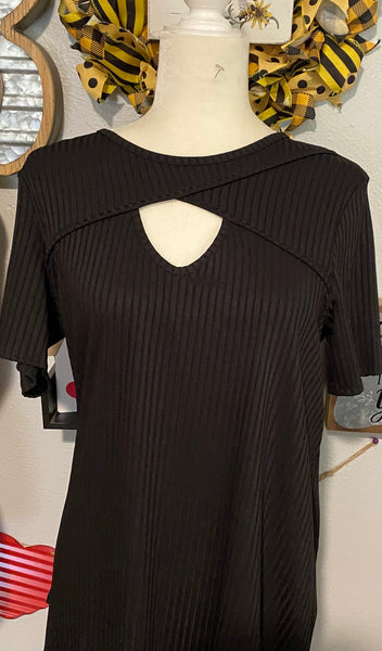 BLACK RIBBED CROSS OVER NECK LINE TOP