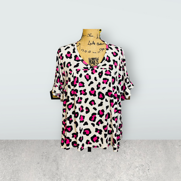 WHITE LEO AND FUCHSIA PRINT FLOWY TOP