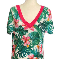 PALM LEAVES AND FLOWER PINK TRIM TIE TOP M