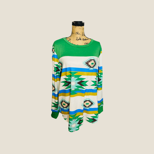 KELLY GREEN AND AZTEC LONG SLEEVE TOP