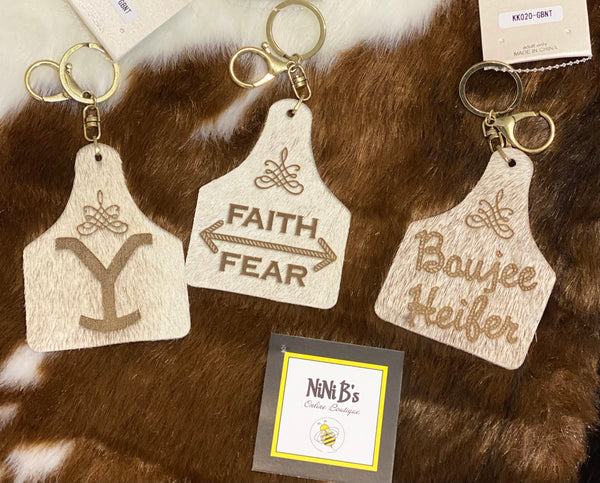 GENUINE LEATHER COWHIDE CATTLE TAG KEYCHAINS