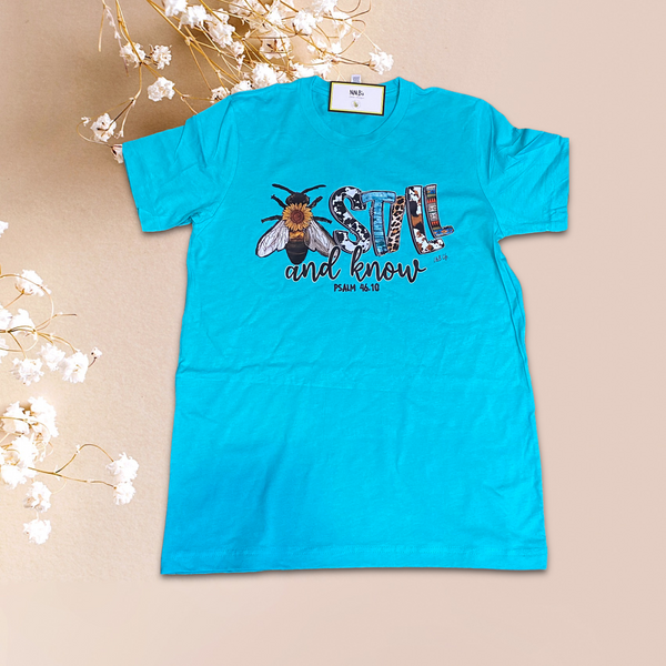 TURQUOISE BEE STILL AND KNOW T SHIRT